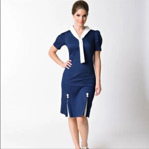 Unique Vintage x Hell Bunny Plus Size Navy Blue Sailor Jackie Pencil Dress